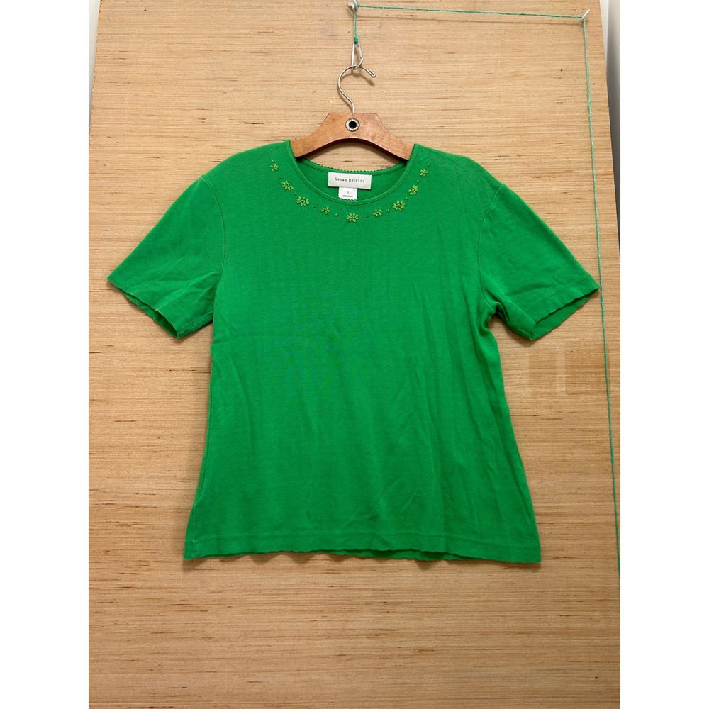 Susan Bristol Green Pointelle Knit Top Short Sleeve‎ Floral Beaded Embroidered S